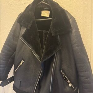 Zara Black Leather Jacket with Plush Collar